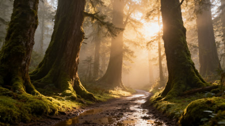 Sunlight filtering through mossy forest treesの素材
