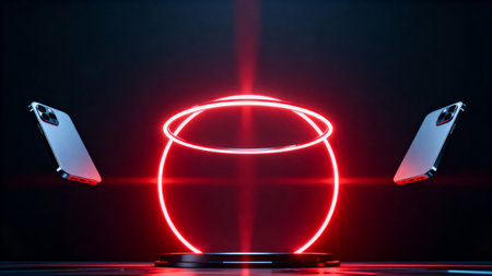 Smartphones floating near glowing red ringの素材