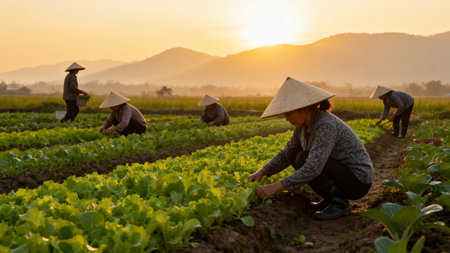 Farmers harvesting leafy greens at sunsetの素材