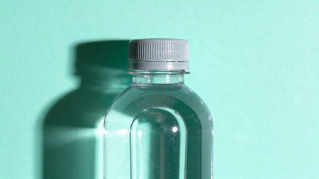 Clear plastic bottle with gray cap against green backgroundの素材