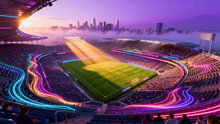 Stadium filled with spectators during sunsetの素材