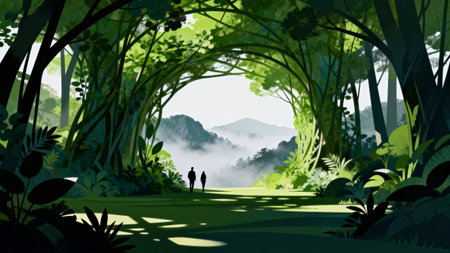 Two figures walking through forest archwayの素材