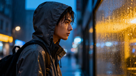 Young man in raincoat looking at wet windowの素材