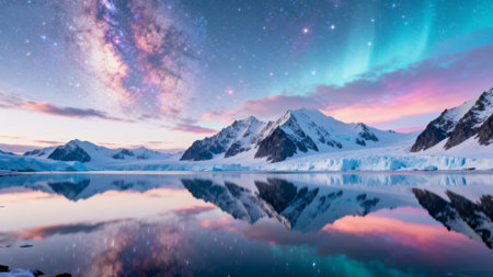 Snowy mountains under starry sky with auroraの素材