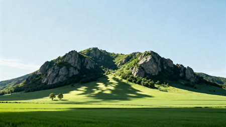 Green field with rocky hill under clear skyの素材