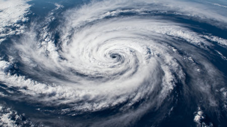 Hurricane from space showing spiral cloud patternの素材