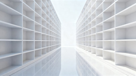 Empty white fixtures in symmetrical corridorの素材