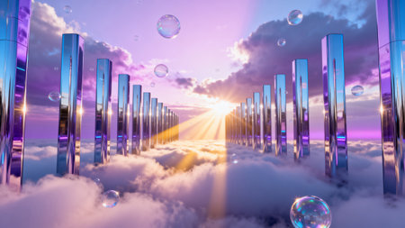Futuristic pillars above clouds at sunsetの素材