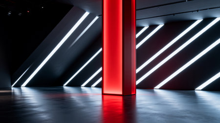 Red glowing column in dark room with white lightsの素材