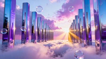 Glass pillars above clouds at sunsetの素材