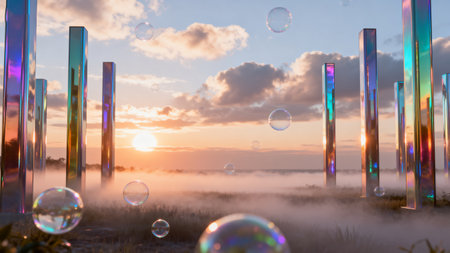 Sunset with floating bubbles and glass pillarsの素材