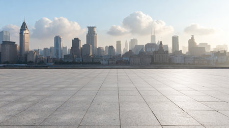 City skyline viewed from paved plazaの素材