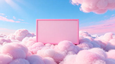 Pink frame on fluffy clouds under blue skyの素材