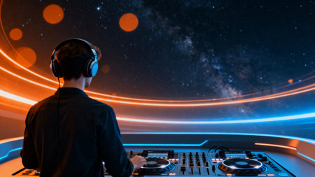 DJ at console under starry skyの素材