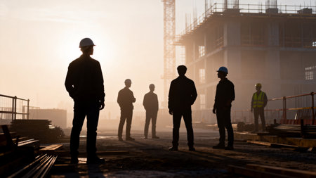 Construction workers at a building site during sunsetの素材