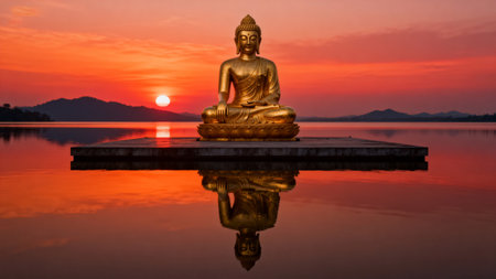 Golden Buddha statue at sunset on waterの素材