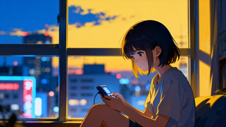 Girl playing handheld game at windowの素材