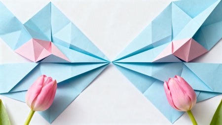 Origami butterflies with pink tulipsの素材
