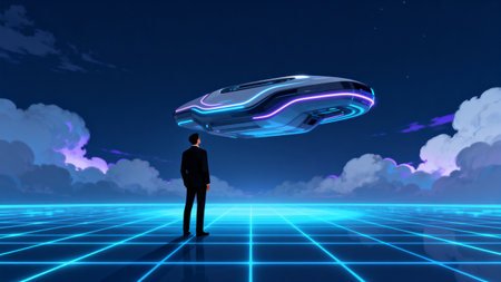 Man facing futuristic flying vehicle at nightの素材