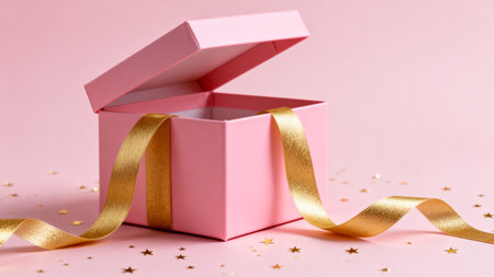 Pink gift box with gold ribbon openの素材