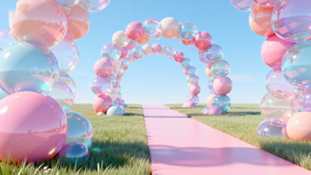 Pink pathway under bubble arches on grassの素材