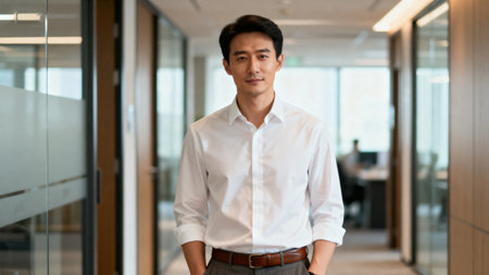 Man in white shirt standing in office hallwayの素材