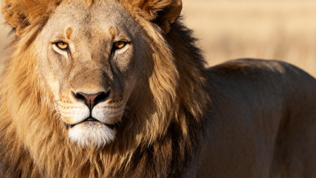 Male lion with thick mane looking forwardの素材