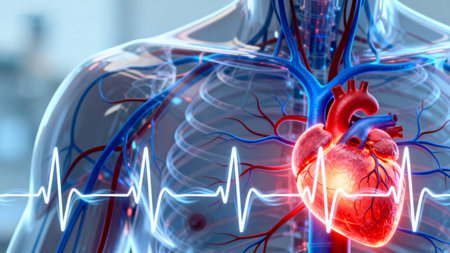 Human heart with blood vessels and heartbeat lineの素材