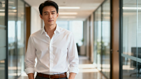 Man in white shirt standing in office hallwayの素材