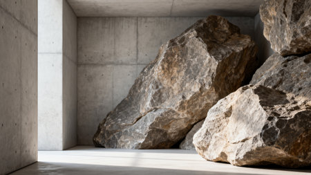Large rocks inside concrete roomの素材