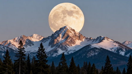 Full moon rising over snow covered mountainsの素材