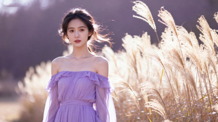 Woman in purple dress standing in tall grassの素材