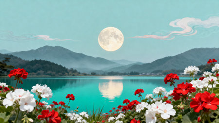 Moon over lake with flowers and mountainsの素材