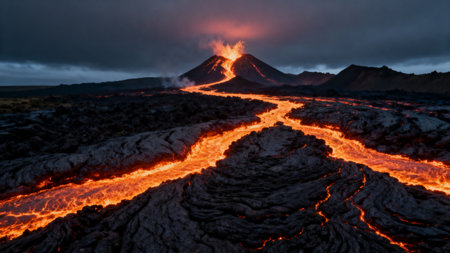 Volcano erupting with flowing lavaの素材