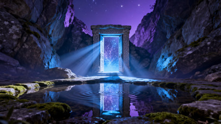 Mystical stone doorway glowing with starlightの素材