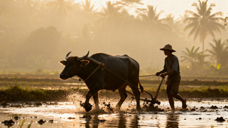 Farmer plowing field with water buffaloの素材
