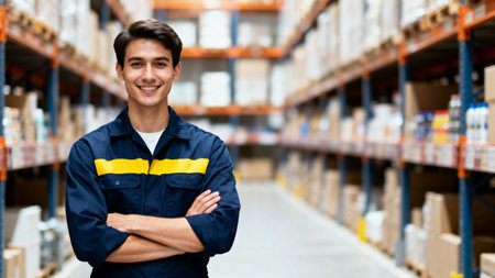 Worker standing in warehouse with arms crossedの素材