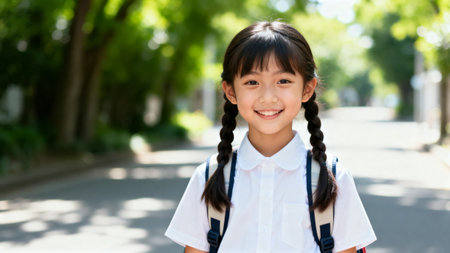 Girl with braids wearing school uniformの素材