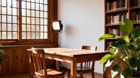 Wooden table and chairs in sunlit roomの素材