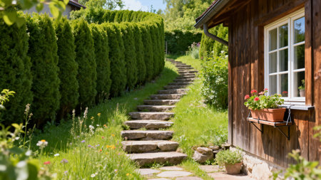 Stone steps leading to wooden house in gardenの素材