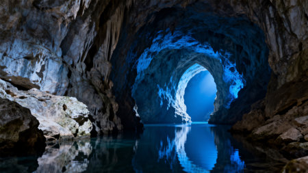 Underground cave with blue light and waterの素材