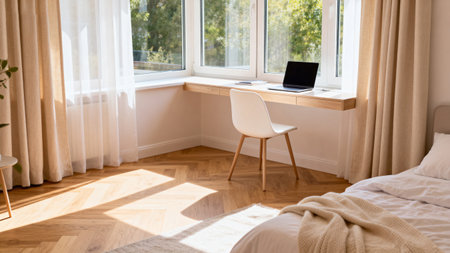 Sunlit bedroom with desk and laptopの素材