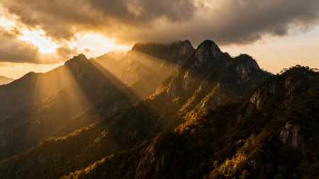 Sunlight streaming over mountain peaksの素材
