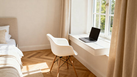 Bedroom with desk and laptop by windowの素材