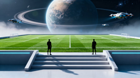 Futuristic soccer field under alien planetの素材