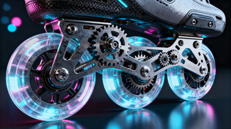 Roller skates and wheels in neon light. 3d illustrationの素材