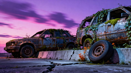 abandoned car on the road at sunset,colorful backgroundの素材