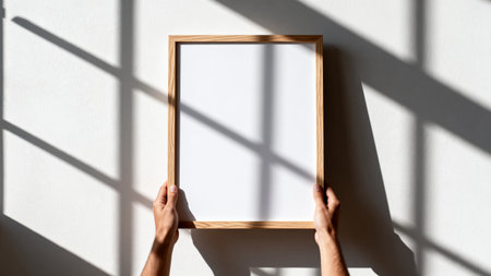 Man's hands holding a wooden frame on a white wall with shadowsの素材