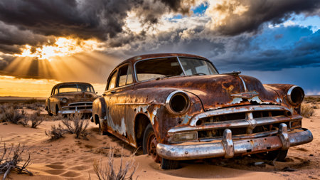 Abandoned cars in the desert of Arizona, United States.の素材