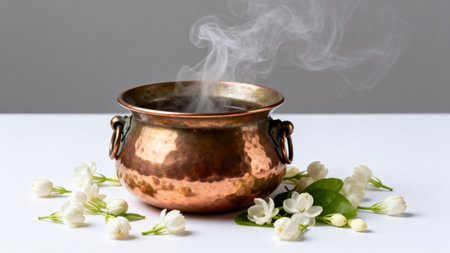 Bowl of tea with jasmine flowers on a white backgroundの素材